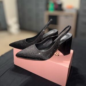 Elegant Black Slingback Rhinestone Heels